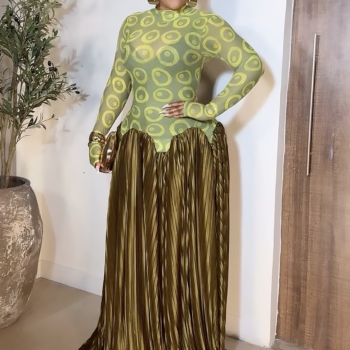 Mesh Panel Retro Pleated Maxi Dress