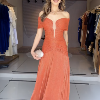 Bright Orange Shimmer Ruched Maxi Dress