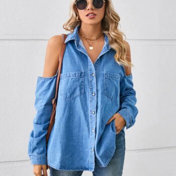 Washed Shoulder Cutout Lace-Up Denim Shirt