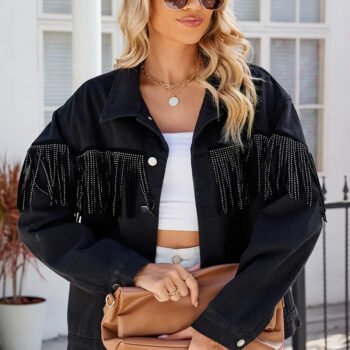 Studded Fringe Black Denim Jacket