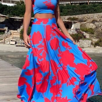 Floral Print Skirt Set ¨C Red & Blue Summer Two-Piece