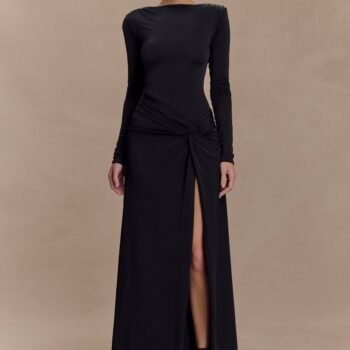 Deanna Long Sleeve Gathered Maxi Dress - Black