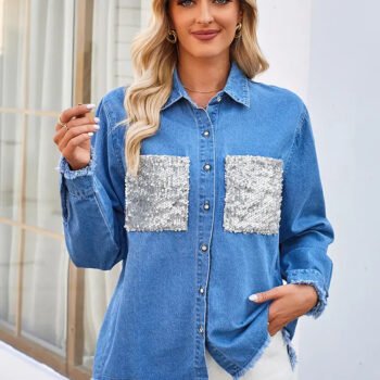 Loose Frayed Denim Shirt with Sequin Pocket