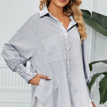Loose-Fit Pleated Cuff Striped Shirt