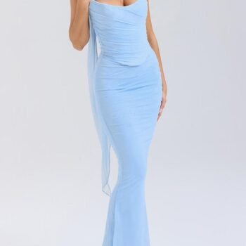 Blue Strapless Bodice and High Waist Skirt with Tie Set