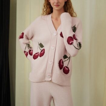 Soft Half Velvet Cherry Cardigan Pajama Set