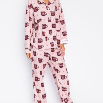 Heart & Coffee Cup Print Pajama Set