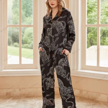 Black Jaguar Print Silk Ice Long-Sleeve Pajama Set