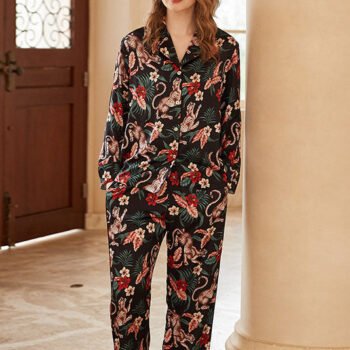 Jaguar and Floral Print Long-Sleeve Loungewear Set