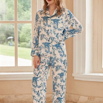 Parrot Print Long-Sleeve Pajama Loungewear Set