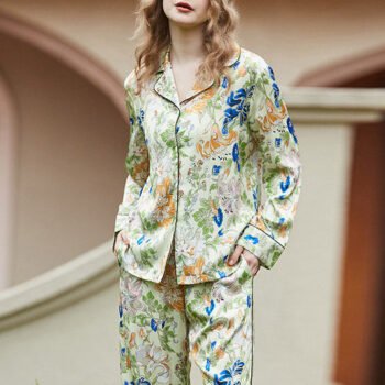 Morning Glory  and Lily Pattern Cardigan Long Sleeve Pajama Set