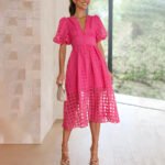 Cindy - Classic Patterned Puff Sleeve Midi Dress