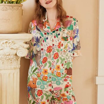 White Forest Garden Print Short Loungewear Set