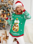 Christmas Long Sleeve Cat Appliqu¨¦ Round Neck Sweater