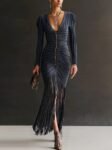 Midnight pleated tassel V-neck fitted button Bodycon Dress