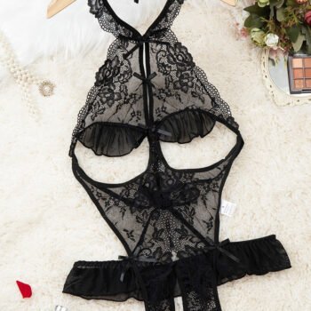 Women's Sexy Hollow Backless Transparent Floral Lace Open Crotch Design Bodysuit