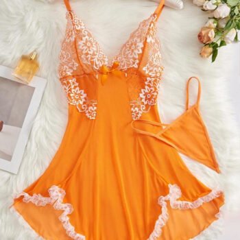 Sexy Deep V Contrast Lace Mesh Bow Decoration Suspender Nightdress (With Thong)