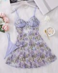 Women's Sexy Butterfly Embroidery Mesh Suspender Nightdress and Thong Set