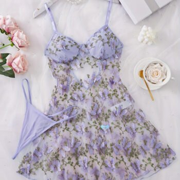 Women's Sexy Butterfly Embroidery Mesh Suspender Nightdress and Thong Set