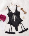 Sexy Lace Mesh Backless Ruffled Decoration Hollow Ring Buckle One-Piece Pajamas