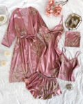 Women's Satin Printed Suspender Top Shorts Suspender Dress Nightgown Home Clothes Five-Piece Set