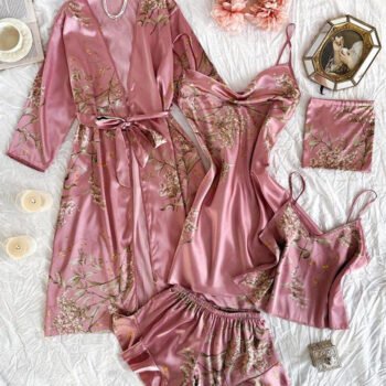 Women's Satin Printed Suspender Top Shorts Suspender Dress Nightgown Home Clothes Five-Piece Set