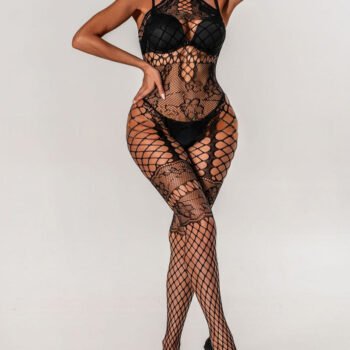 Sexy Halterneck Jacquard Lace Hollow See-Through Fishnet Stockings One-Piece Pajamas