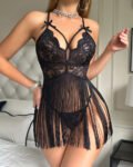 Sexy Deep V Lace Tassel Suspender Dress and Thong Pajama Set