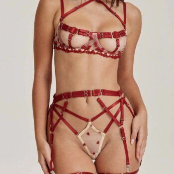 Sexy Floral Lace Two-Color Stitching Heart Decoration Adjustable Strap Design Set