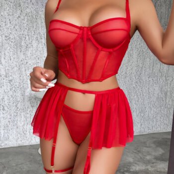 Sexy Mesh See-Through Pajamas Three-Piece Set