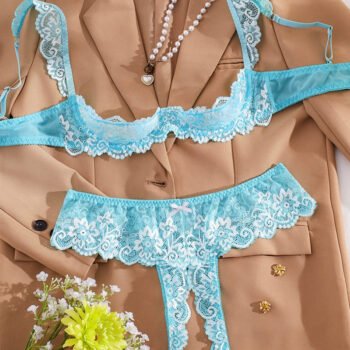 Sexy Lace Mesh Open Crotch Hollow Bra Underwear Set