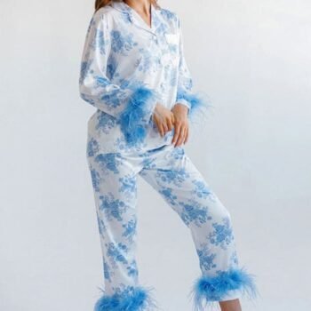 Blue Floral Print Satin Pajama Set