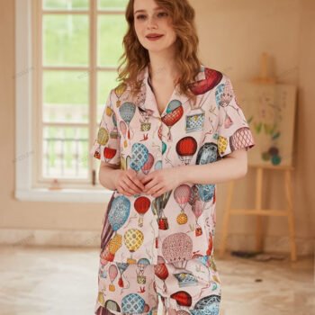 Hot Air Balloon Print Ice Silk Open-Front Short-Sleeve Pajama Set