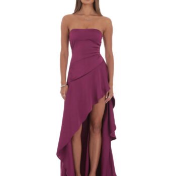 Strapless High-Shine Satin Asymmetric Slit Gown