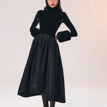 Opulent Velvet Satin Fur-Cuff Midi Dress