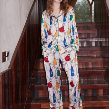 Fringed Pattern Ice Silk Long Sleeve Loungewear Set