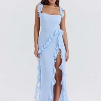 Ruffled Long Suspender Dress - Blue