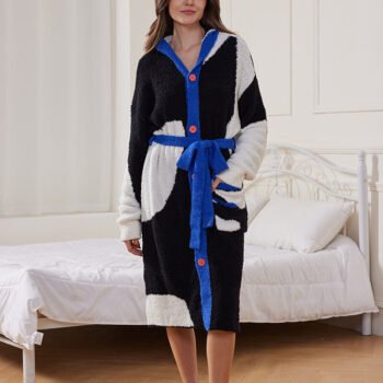 Single-Breasted Plush Hooded Robe