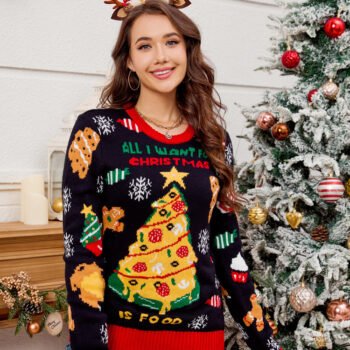 Casual Crewneck Embroidered Christmas Tree Sweater