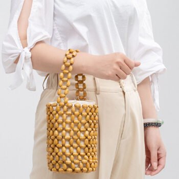 Hollowed-Out Wooden Bead Woven Bucket Bag