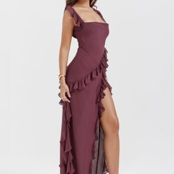 Ruffled Long Maxi Slip Dress - Mulberry