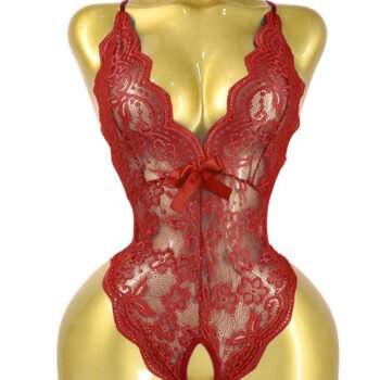 Deep V Sexy Translucent Floral Lace Cross-Back Open Crotch Design One-Piece Pajamas