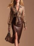 Urban Retro Leopard Print Chiffon Blouse And Brown Faux Leather Skirt Set