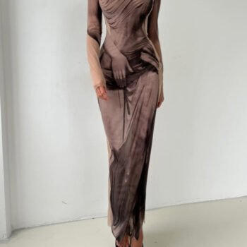 Painted-Effect Mesh Maxi Dress
