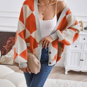 V-Neck Geometric Color Block Knit Cardigan