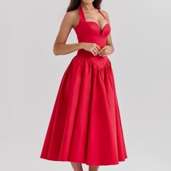 Halter Neck Midi Dress with Side Slit - Scarlet Red