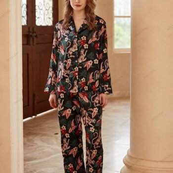 Jaguar and Floral Print Ice Silk Long-Sleeve Loungewear Set
