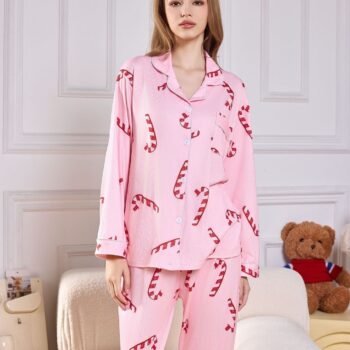 Pink Candy Cane Print Satin Long PJ Set
