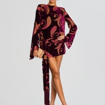 Paisley Bell-Sleeve Fringe Belt Mini Dress