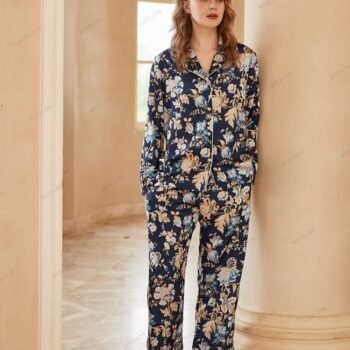 Begonia Flower Print Long-Sleeve Pajama Loungewear Set